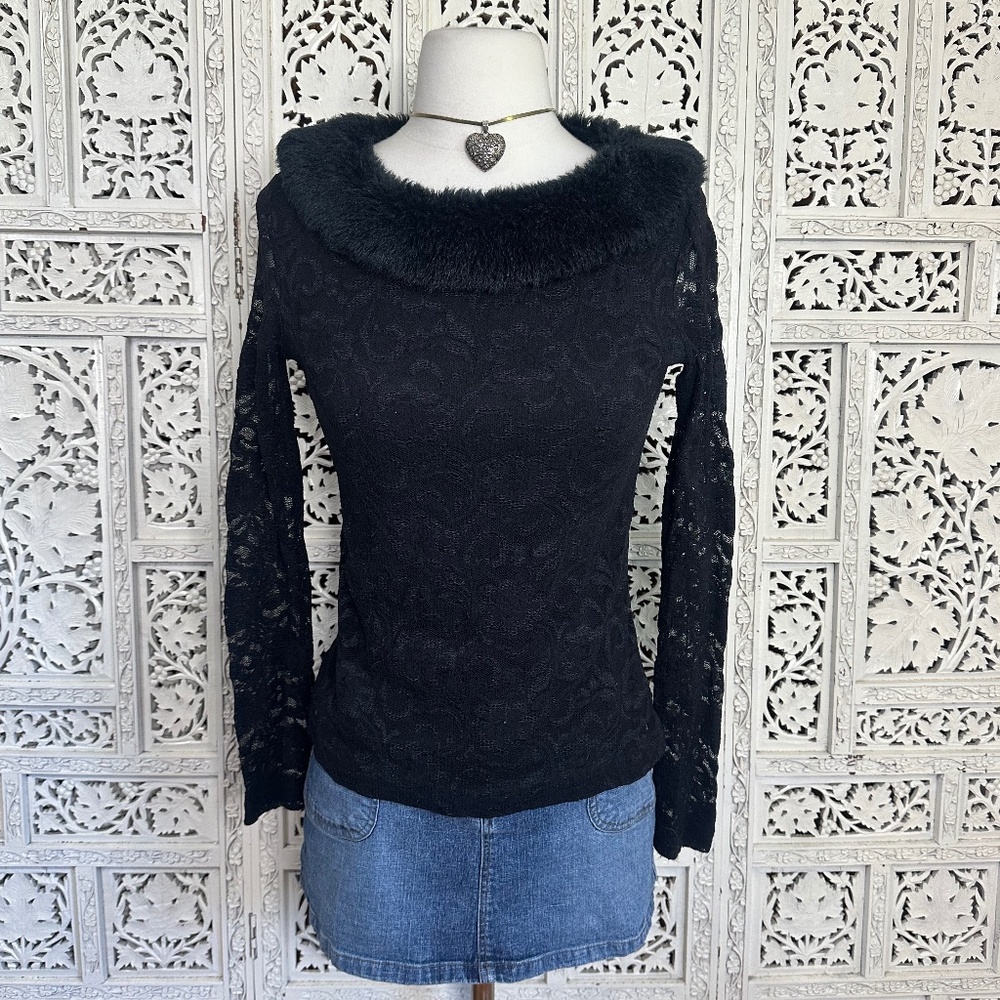 George Black Lace Faux Fur Collar Long Sleeve Whimsygoth Blouse Sz‎ Small